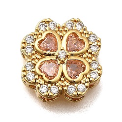 Pink Многожильные звенья из латуни с паве из кубического циркония, клевер, реальный 18 k позолоченный, розовые, 12x12x5 мм, отверстие : 1.4 мм