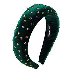 Dark Green Rhinestone Velvet Hair Bands, Wide Sponge Hair Accessories for Women Girls, Dark Green, 150x125mm