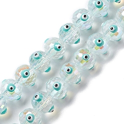 Turquoise Transparent Evil Eye Glass Beads Strands, with Enamel, Faceted, Round, Turquoise, 10.5~11x9mm, Hole: 1.6mm, about 40pcs/strand, 13.86''~14.06''(35.2~35.7cm)