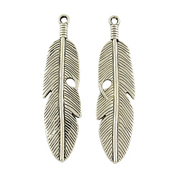 Платина Большие подвески, сплав, в форме пера, тибетский стиль, без свинца и без кадмия, платина, 61x15x3 мм, отверстие : 2 мм