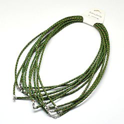 Green Braided Leather Cords, for Necklace Making, with Brass Lobster Clasps, Green, 21 inch, 3mm