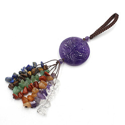 Amethyst Natural Amethyst Carved Flat Round with Tree of Life Pendant Decoratons, Braided Thread and Chakra Gemstone Chip Tassel for Bag Key Chain Hanging Ornaments, 140mm