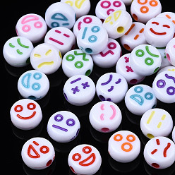 Mixed Color Opaque White Acrylic Beads, Craft Style, Flat Round with Expression, Mixed Color, 6.5x3.5mm, Hole: 1.5mm, about 4100pcs/500g
