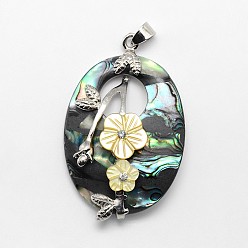 Paua Shell Brass White Shell Oval with Flower Pendants, with Rhinestone, 48x31x8mm, Hole: 4x5mm