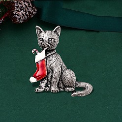 Cat Shape Christmas Theme Enamel Brooch Pin, Alloy Badge for Backpack Clothes, Cat Shape, 43x52mm