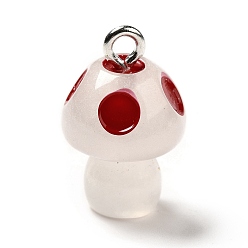 Red Spray Painted Luminous Resin Pendants, Mushroom Charm, with Glitter Powder and Platinum Tone Iron Loops, Red, 21.5x13.5mm, Hole: 2.5mm