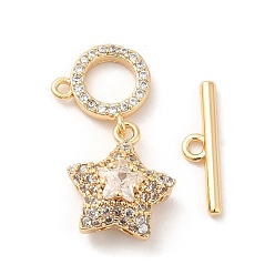 Real 18K Gold Plated Brass Micro Pave Clear Cubic Zirconia Toggle Clasps, with Glass, Star, Real 18K Gold Plated, Star: 14x12x7mm, Hole: 1mm, 6mm inner diameter, T-bar: 4x16x2mm, Hole: 1.5mm