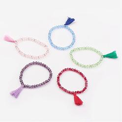 Mixed Color Glass Beads Stretch Charm Bracelets, with Tassels, Mixed Color, 2-1/8 inch(55mm)