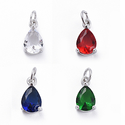 Mixed Color Brass Micro Pave Cubic Zirconia Pendants, with Jump Ring, Teardrop, Platinum, Mixed Color, 11.5x6.5x4mm, Hole: 3mm