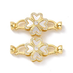 Golden Brass Micro Pave Clear Cubic Zirconia Fold Over Clasps, with White Shell, Cadmium Free & Lead Free, Clover, Golden, Clover: 17.5x17.5x8mm, Clasp: 14x8x6mm, Inner Diameter: 4.4mm, Hole: 3.4x7.3mm