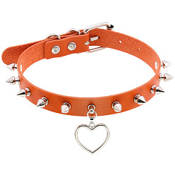 orange Punk Rivet Spike Lock Collar Chain Necklace with Soft Girl Peach Heart Pendant