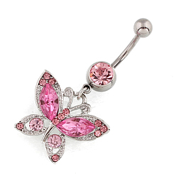 Hot Pink Butterfly Rhinestone Charm Belly Ring, Navel Ring, Piercing Jewelry for Women, Hot Pink, 50x30mm, Pin: 1.6mm, Head: 5mm