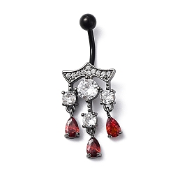 Teardrop Hyacinth Rhinestone Charm Dangle Belly Rings, Alloy Belly Ring with 304 Stainless Steel with Pins for Women, Teardrop, 42.5x15.5mm
