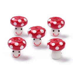 Dark Red Handmade Lampwork Beads, Smiling Face Mushroom Beads, Dark Red, 13x13mm, Hole: 3mm
