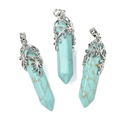 Синтетическая Бирюза Синтетические бирюзовые подвески, пулевые чары, с латунной отделкой в виде листа, без кадмия и без свинца, 44~46x11.5~12x12 мм, отверстие : 8x5 мм