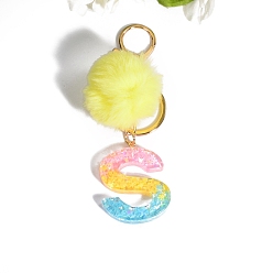 Letter S Resin Keychains, Pom Pom Ball Keychain, with KC Gold Tone Plated Iron Findings, Letter.S, 11.2x1.2~5.7cm