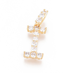 Letter I Golden Plated Brass Micro Pave Clear Cubic Zirconia Pendants, Long-Lasting Plated, Letter, Letter.I, 22x11x3.5mm, Hole: 7x3mm