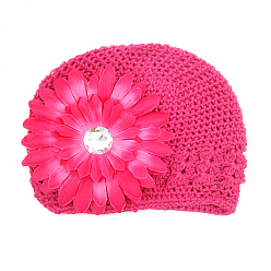 Deep Pink Handmade Crochet Baby Beanie Costume Photography Props, with Cloth Flowers, Deep Pink, 180mm