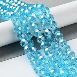 Deep Sky Blue Electroplate Glass Bead Strands, Pearl Luster Plated, Faceted(32 Facets), Round, Deep Sky Blue, 8x7mm, Hole: 1mm, 67~69pcs/strand, 19.29~19.69 inch