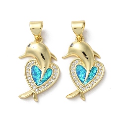 Dolphin Brass Micro Pave Clear Cubic Zirconia Pendants, with Synthetic Opal, Real 18K Gold Plated, Dolphin & Heart, Dolphin, 20.5x13.5x3.3mm, Hole: 5x3.5mm