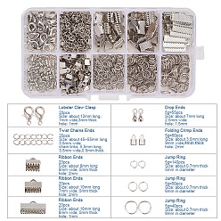 Platinum Jewelry Findings Sets, with Iron Folding Crimp Ends & Ribbon Ends & Jump Rings & Twisted Chains, Alloy End Piece and Brass Lobster Claw Clasps, Platinum, 5~55x2.5~8x0.7~5mm, Hole: 1~2mm