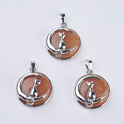 Red Aventurine Natural Red Aventurine Kitten Pendants, with Brass Findings, Flat Round with Cat & Crescent Moon Shape, Platinum, 32x27.5x10mm, Hole: 5x7mm