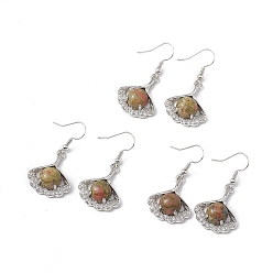Унакит Серьги-подвески из натурального унакита в виде листьев гинкго с кристаллами и стразами, платиновые латунные украшения для женщин, 40 мм, штифты : 0.6 мм