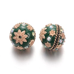 Dark Green Round Handmade Indonesia Beads, with Rhinestones and Golden Plated Alloy Findings, Dark Green, 24mm, Hole: 2mm