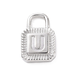 Letter U Eco-friendly Rack Plating Brass Pendants, Cadmium Free & Lead Free, Long-Lasting Plated, Lock with Alphabet, Platinum, Letter.U, 15x10x3mm, Hole: 3.5x4mm