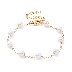 Golden Round Plastic Imitation Pearl Beaded Bracelets, with Vacuum Plating 304 Stainless Steel Curb Chains, White, Golden, 7-1/8 inch(18cm)