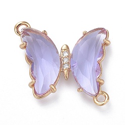 Lavender Glass Links Connectors, with Brass Micro Pave Cubic Zirconia, Faceted, Butterfly, Light Gold, Lavender, 20x20x4mm, Hole: 1.5mm