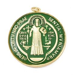 Зеленый Латунь эмаль подвески, плоский круглый с подвесками Святого Бенедикта, долговечный, стойки покрытие, без свинца и без кадмия, реальный 18 k позолоченный, зелёные, 38x35x5 мм, Перейти кольцо: 5x1 мм, внутренний диаметр: 3 мм