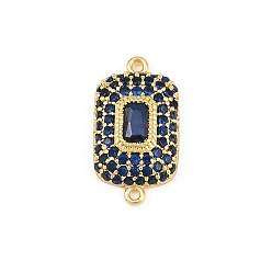 Blue Brass Micro Pave Cubic Zirconia Connector Charms, Rectangle Links, Rack Plating, Long-Lasting Plated, Real 18K Gold Plated, Blue, 19x10x4mm, Hole: 1.2mm