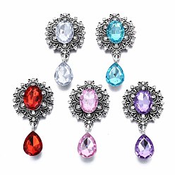 Mixed Color Alloy Flat Back Cabochons, with Acrylic Rhinestones, Oval and Teardrop, Antique Silver, Faceted, Mixed Color, 59x29x6mm