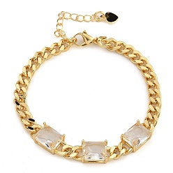 Прозрачный Латунные браслеты, со стеклом, реальный 18 k позолоченный, прямоугольные, прозрачные, 7-1/8 дюйм (18.2 см)