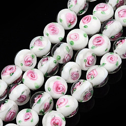 Creamy White Handmade Lampwork Beads Strands, Round with Flower, Creamy White, 9.5mm, Hole: 1.5mm, about 50pcs/strand, 18.90 inch(48cm)