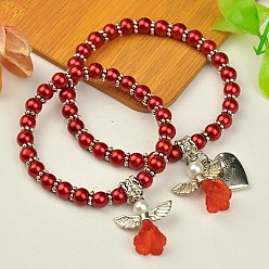 FireBrick Lovely Wedding Dress Angel Jewelry Sets for Mother and Daughter, Stretch Bracelets, with Glass Pearl Beads and Tibetan Style Beads, FireBrick, 45mm and 55mm inner diameter