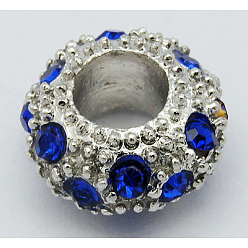 Sapphire Alloy Rhinestone European Beads, Large Hole Beads, Rondelle, Platinum Metal Color, Sapphire, 11x6mm, Hole: 5mm