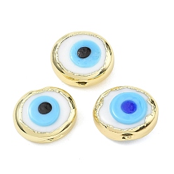 Белый Ручной зло бусины глаз, плоско-круглые, с латунным, стойки покрытие, белые, 20.5~21x16~17x9~12 мм, отверстие : 3.5~4 мм