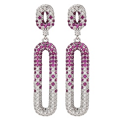 Средний Фиолетово-красный Латунь микро проложить кубический цирконий болтаться серьги стержня, овальные, платина, средне фиолетовый красный, 50x10.5 мм
