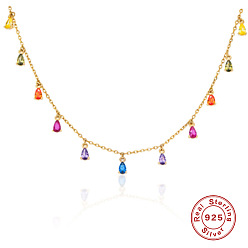 golden color 925 Sterling Silver Colorful Diamond Water Drop Pendant Necklace for Women