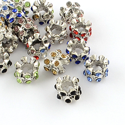 Mixed Color Column Antique Silver Plated Alloy Rhinestone European Beads, Large Hole Beads, Mixed Color, 10~11x7~8mm, Hole: 5mm