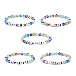 Mixed Patterns Word Bracelet, Colorful Millefiori Glass & Acrylic Beaded Stretch Bracelet for Women, Mixed Patterns, Inner Diameter: 2-1/8 inch(5.5cm)