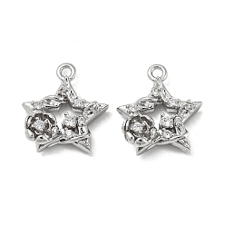 Real Platinum Plated Brass Micro Pave Clear Cubic Zirconia Charms, Star & Flower, Real Platinum Plated, 13.5x12x3mm, Hole: 1.2mm