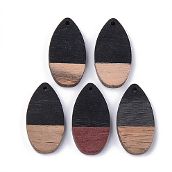 Black Resin & Walnut Wood Pendants, teardrop, Black, 31x16x3.5~4mm, Hole: 1.5mm