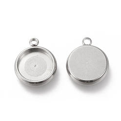Stainless Steel Color 304 Stainless Steel Pendant Cabochon Settings, Flat Round, Stainless Steel Color, Tray: 10mm, 15x12x3mm, Hole: 1.8mm