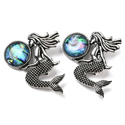 Colorful Dual-use Items Alloy Mermaid Brooch, with Natural Paua Shell, Antique Silver, Colorful, 42x37x7mm, Hole: 8x3mm