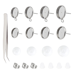 Stainless Steel Color Unicraftale Flat Round 202 Stainless Steel Stud Earring Settings, with 304 Stainless Steel Pins and Loop, with Glass Cabochons, Plastic Ear Nuts and 304 Stainless Steel Beading Tweezers, Stainless Steel Color, 360pcs/box