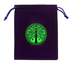 Lime Green Rectangle Velvet Jewelry Storage Pouches, Tree of Life Printed Drawstring Bags, Lime Green, 15x12cm