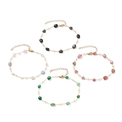 Golden Nuggets Natural Gemstone Beaded Anklets, with Glass Beads, Brass Cable Chains and 304 Stainless Steel Lobster Claw Clasps, Golden, 9-5/8 inch(24.5cm)
